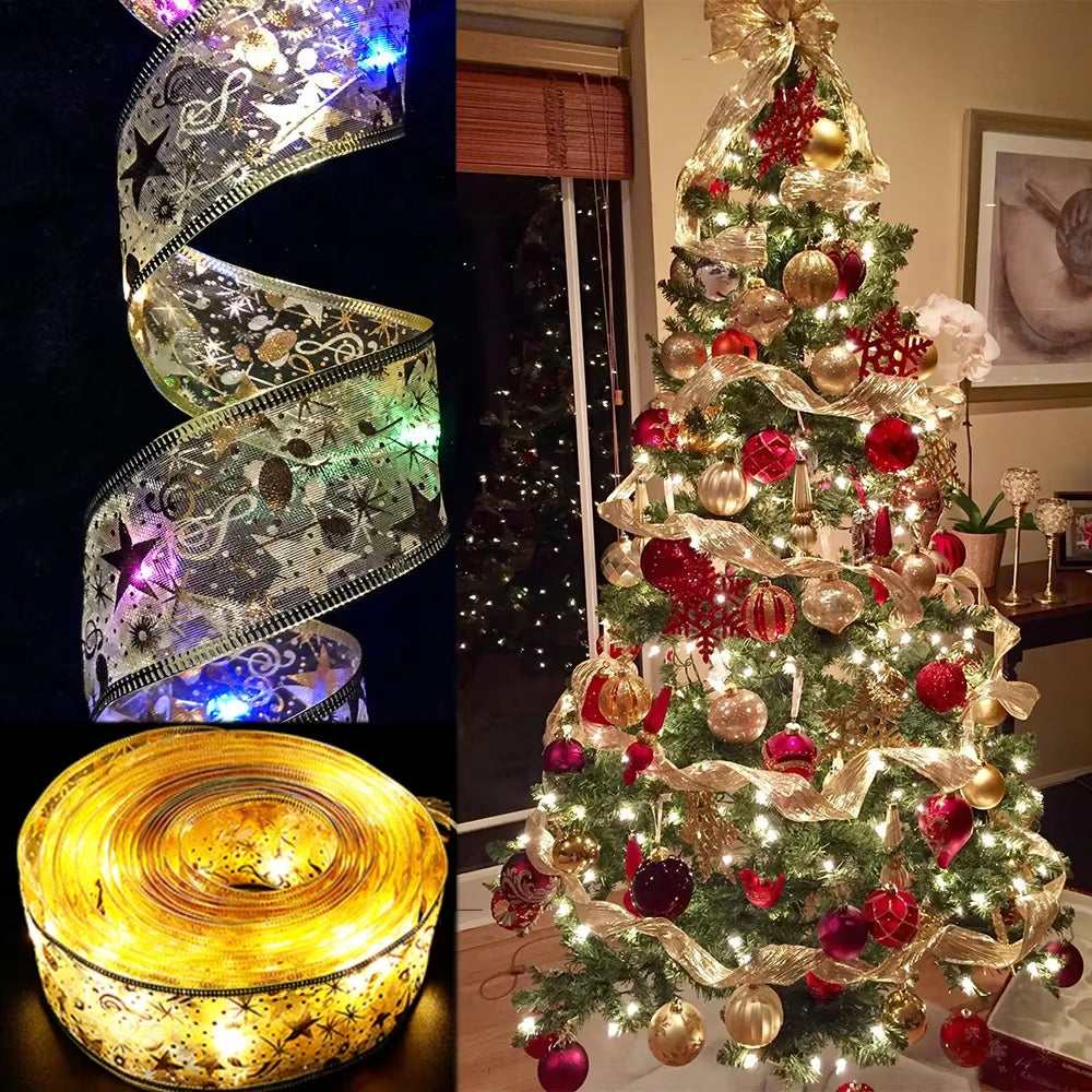 New Christmas Decoration LED Ribbon Lights Christmas Tree Ornaments DIY Lace Bows String Lights Navidad Home Decors New Year 202