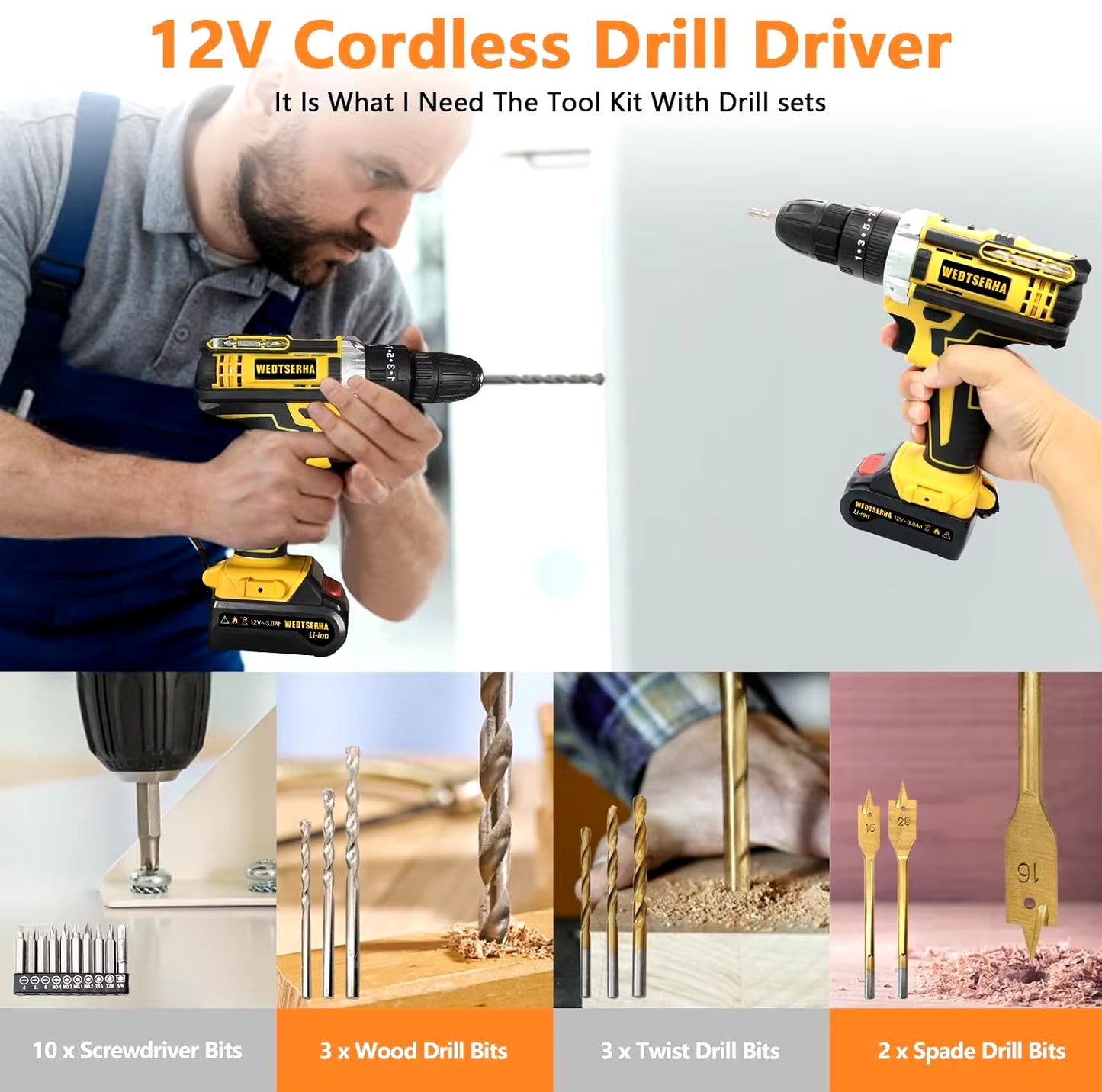 Cordless Drill Tool Kit Set 12V Power Drill Impact Driver with Home Tool Kit Professional Household Hand Toolkit with Toolbox