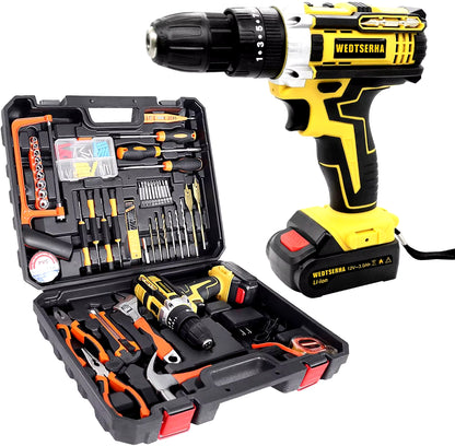 Cordless Drill Tool Kit Set 12V Power Drill Impact Driver with Home Tool Kit Professional Household Hand Toolkit with Toolbox