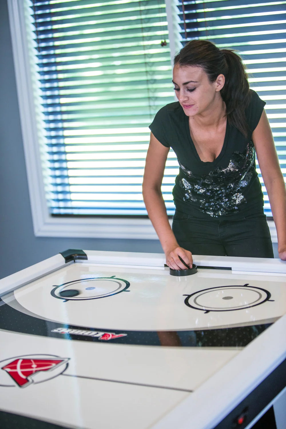 Blazer 7' Air Hockey Table with Heavy-Duty Blower, Electronic Scoring, Leg Levelers, and Overhang Rail