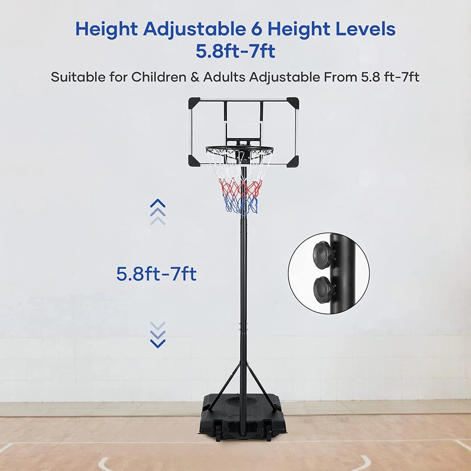 Basketball Hoop Basketball Goal System Height Adjustable 5.8Ft-7Ft Court for Kid & Adult Indoor Outdoor Use